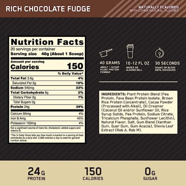 OPTIMUM NUTRITION GOLD STANDARD 100% PLANT PROTEIN 1.76 LBS RICH CHOCOLATE FUDGE - Image 2